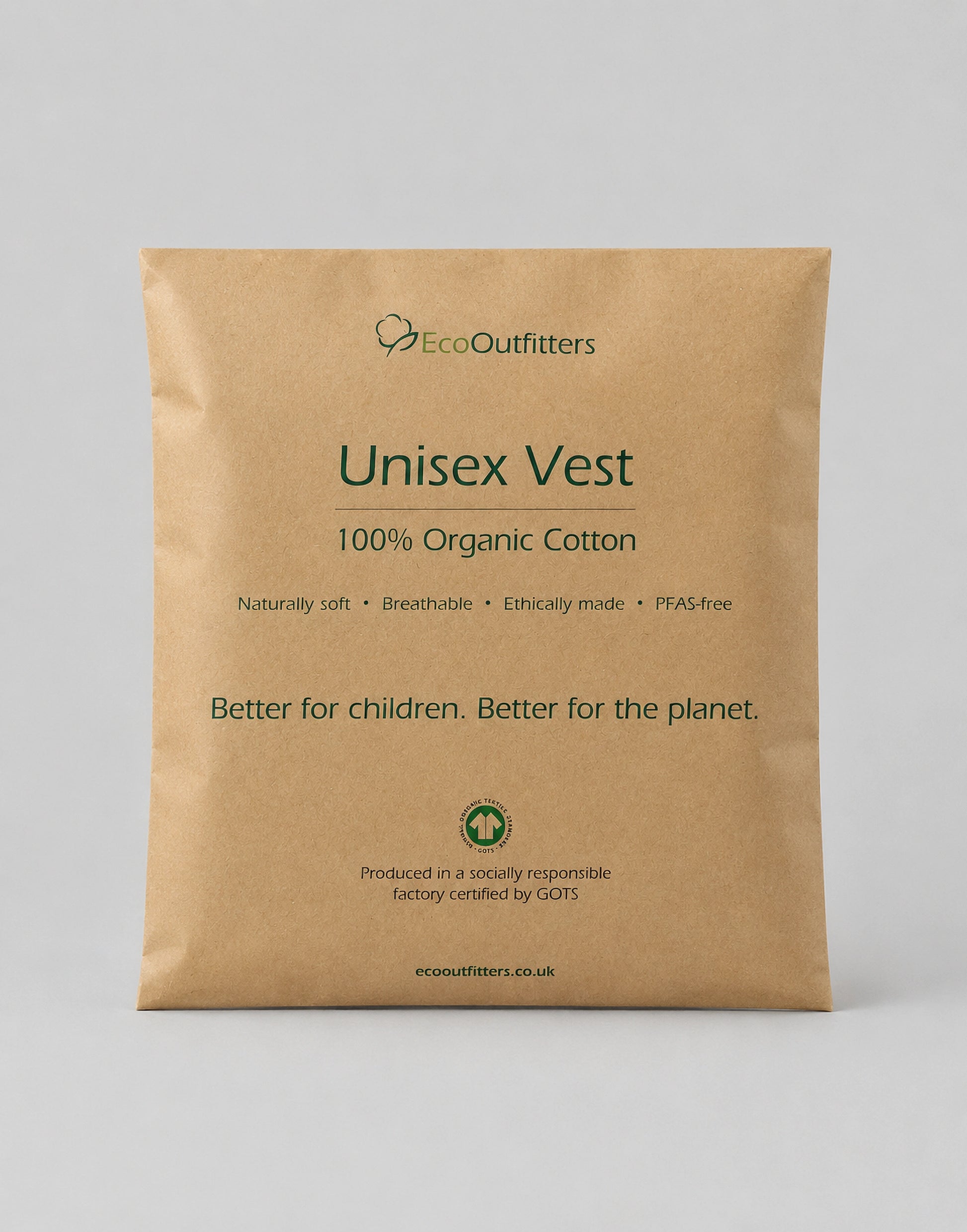 A brown kraft paper pouch of EcoOutfitters Unisex Vest 100% Organic Cotton, displayed against a neutral light gray background.