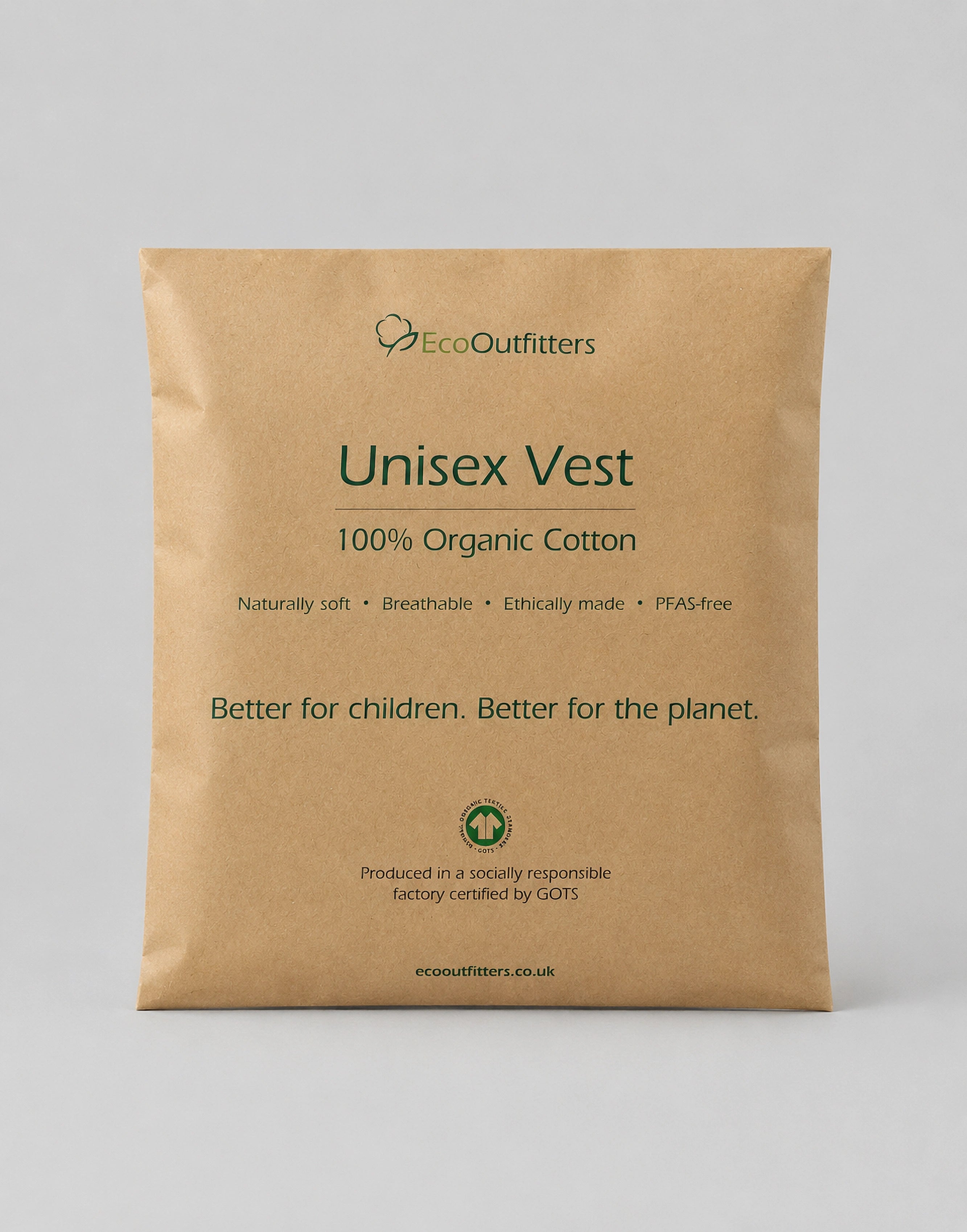 A brown kraft paper pouch of EcoOutfitters Unisex Vest 100% Organic Cotton, displayed against a neutral light gray background.