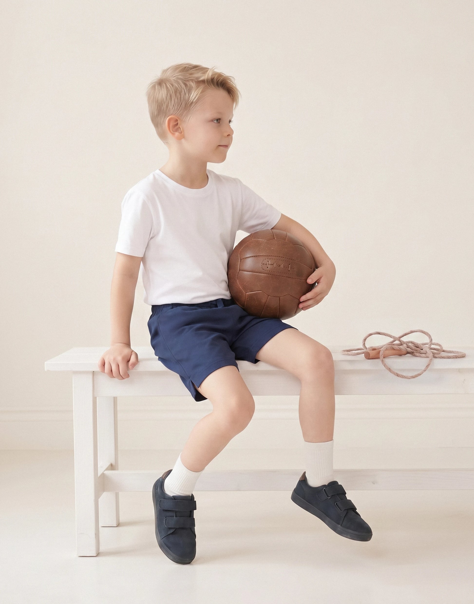 Side view of navy unisex organic cotton PE shorts