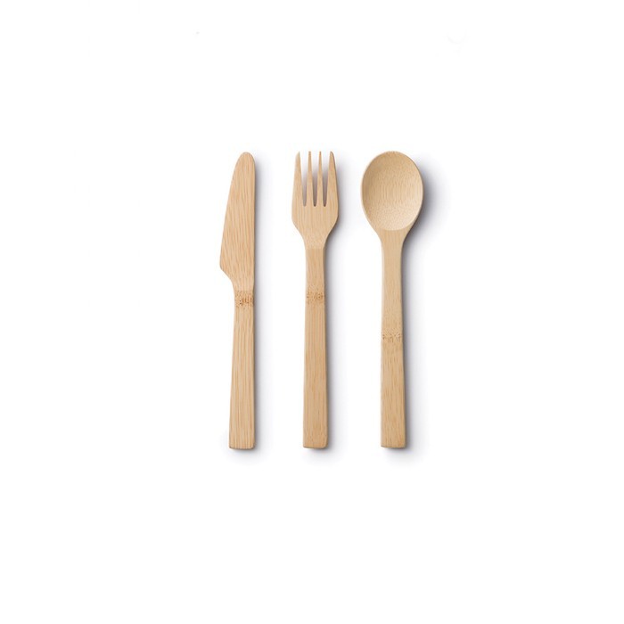 Set of wooden cutlery including a knife, fork, and spoon on a white background